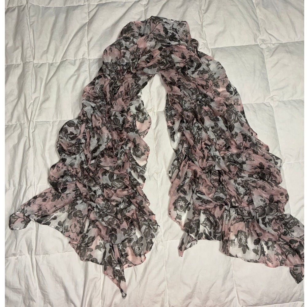 Women Floral Ruffle Scarf Pink Grey Sheer Rose Print Lightweight Long Wrap